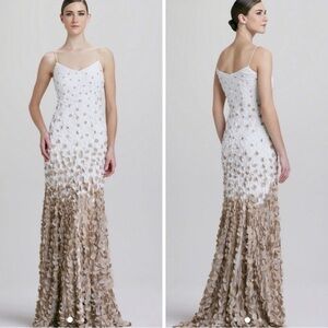Theia Petal Floral Embellished Tonal Ombre Maxi Gown Size 6 Ivory Tan Formal